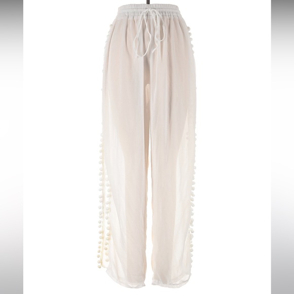 SHEIN Pants - Elegant White Sheer Women's Pants with Pom-Pom Detailing